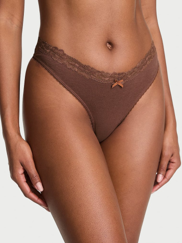 Body By Victoria Stretch Cotton Lace-Waist High-Leg Scoop Thong Panty