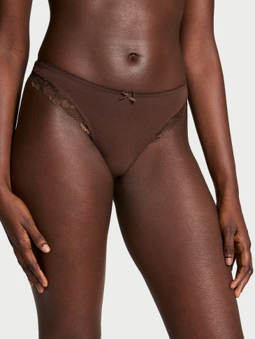 Body By Victoria Stretch Cotton Lace-Trim High-Leg Scoop Thong Panty