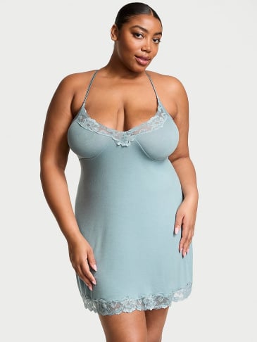 Ribbed Modal & Lace Cross-Back Slip Dress