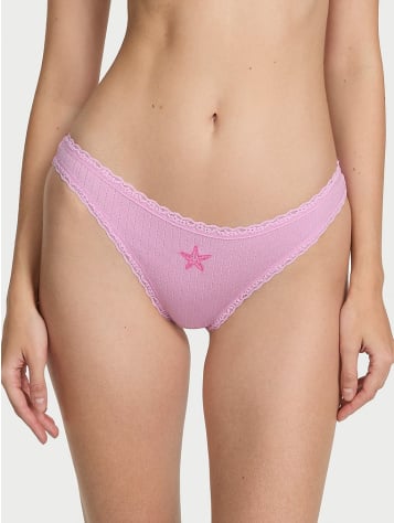 Cotton Pointelle Lace-Waist Thong