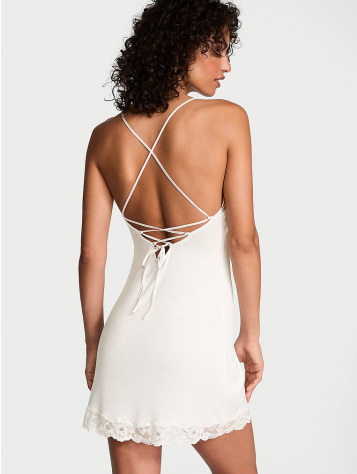 Ribbed Modal & Lace Cross-Back Slip Dress