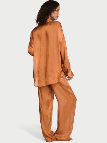Luxe Sheer Satin Button-Front Long Pajama Set