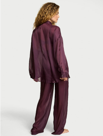 Luxe Sheer Satin Button-Front Long Pajama Set