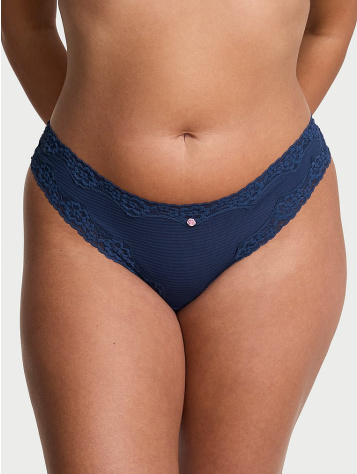 Cotton Shadow Stripe Lace-Waist Thong Panty