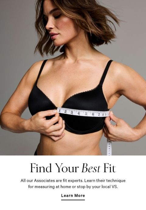 Woman measuring her bust size with a meter while wearing Victoria's Secret black comfort bra