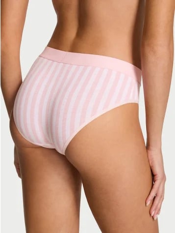 Back view of a woman wearing Victoria's Secret signature strips Huphugger panties