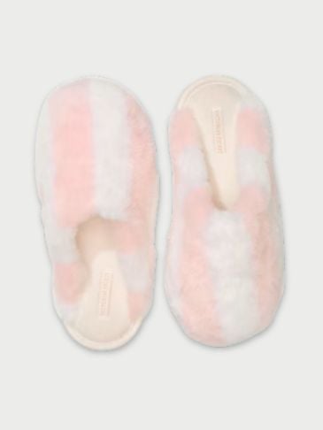Victoria's Secret signature stripe Closed-Toe Faux Fur slippers on light grey background.